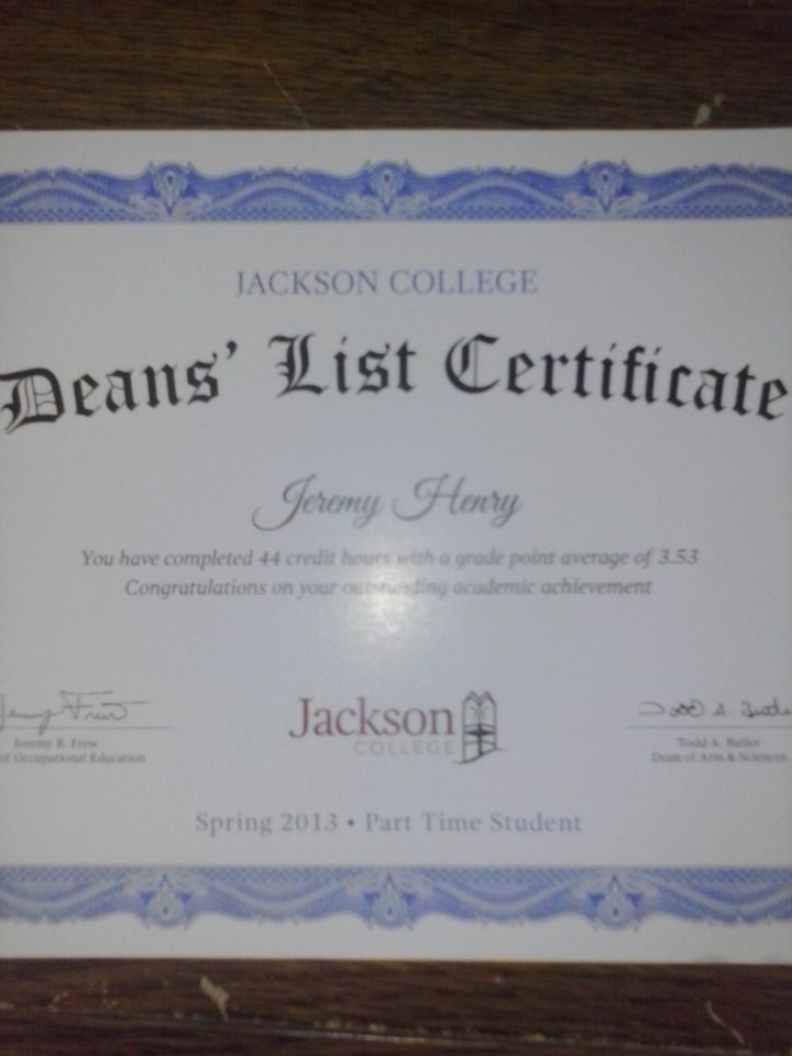 Jackson College Dean's List certificate