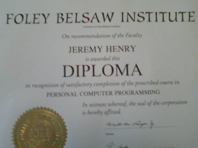 Foley Belsaw Institute diploma in Personal Computer Programming